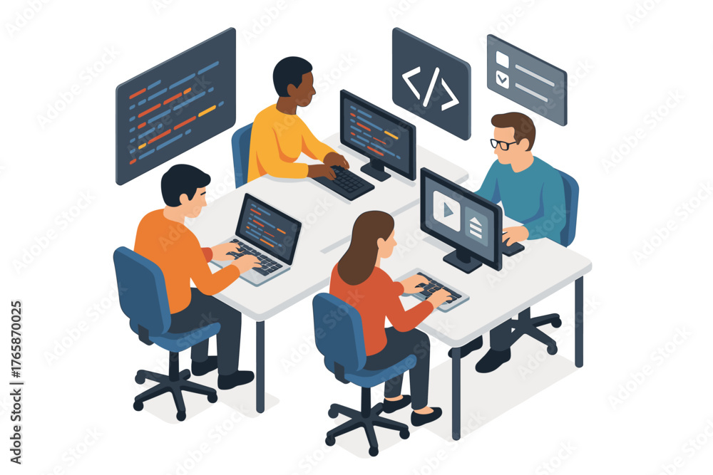 Fototapeta premium Diverse team of young adults collaborating on software development