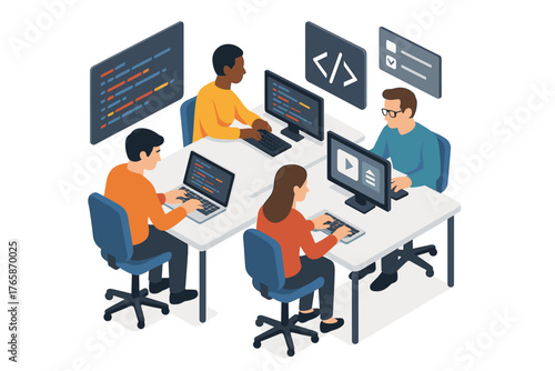 Diverse team of young adults collaborating on software development