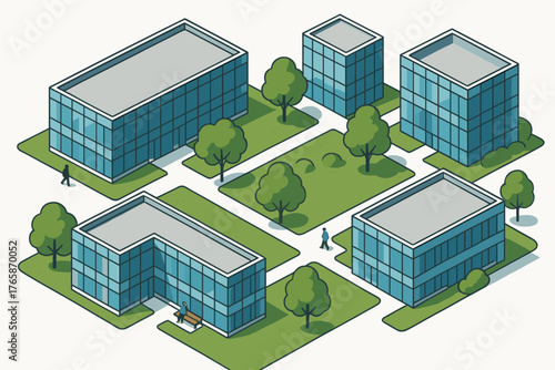 Illustrative modern office buildings with green spaces and walkways