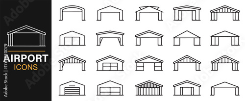 Flight terminal and airfield building icons in clean linear style.
