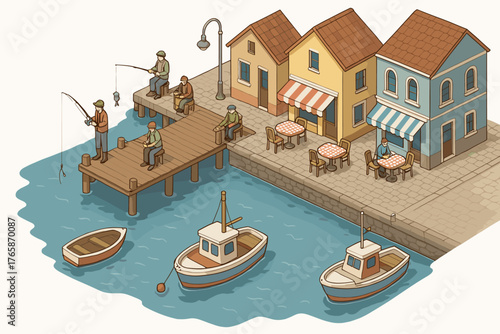 Peaceful day at harbor with fishermen on dock and charming waterfront shops