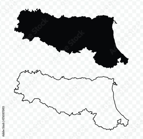 Outline and black silhouette map of the Emilia-Romagna region in northern Italy