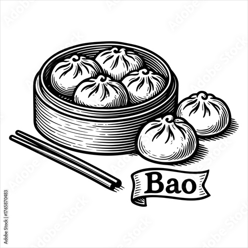 A black and white vintage-style illustration of steamed bao buns in a bamboo steamer with chopsticks.