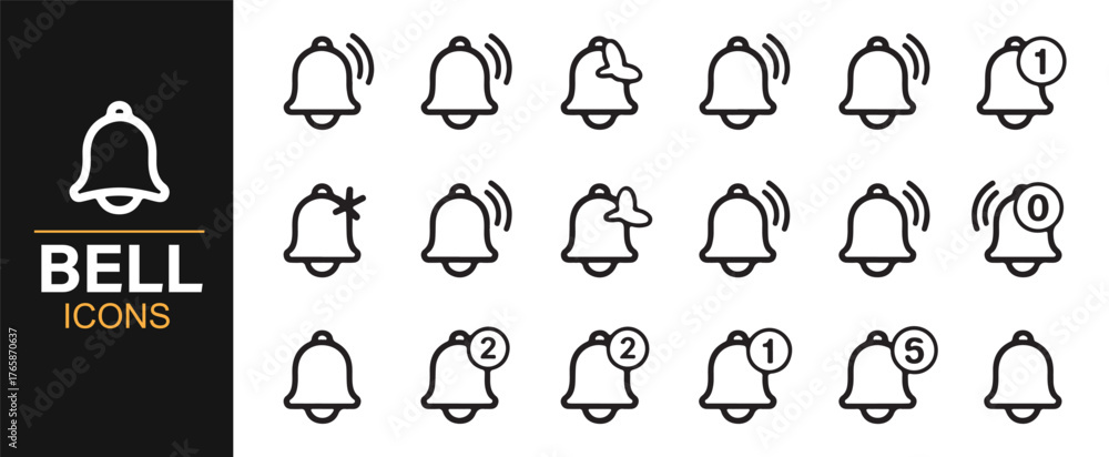 Fototapeta premium Modern bell outline icons for web, mobile, and user alert graphics.