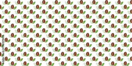 Seamless pattern of coffee beans and leaves on a white background creates a simple, clean design element