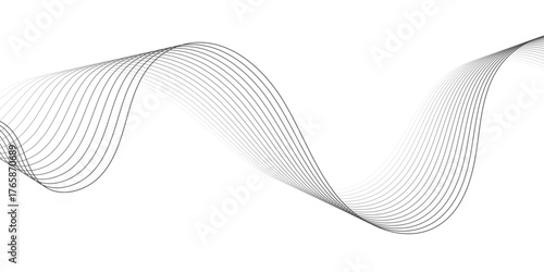 An abstract background featuring a series of thin, undulating, grayscale lines that create a dynamic wave pattern across a white canvas, suggesting sound waves or data flow.