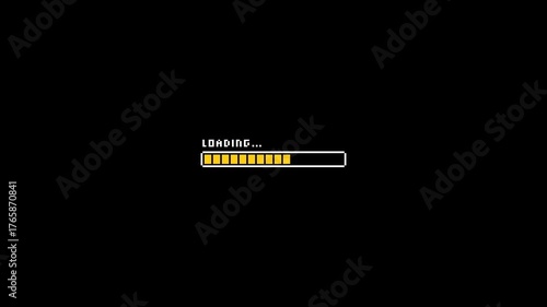 Pixel art loading bar animation 8-bit with yellow bar. HD 4K animation of loading with pixel art style.