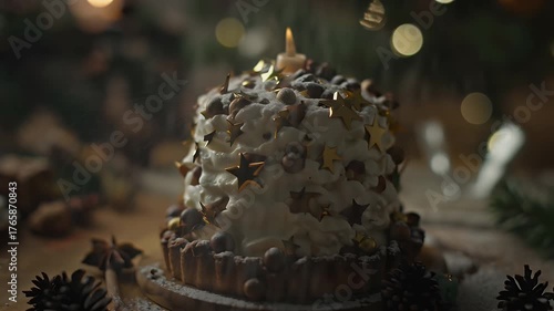 A Festive White Frosted Star-Covered Cake Adorned with Gold and White Stars on a Rustic Table