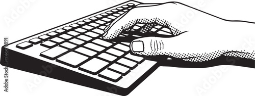 Vintage Hand Typing on Computer Keyboard in Black and White Pop Art Style Illustration