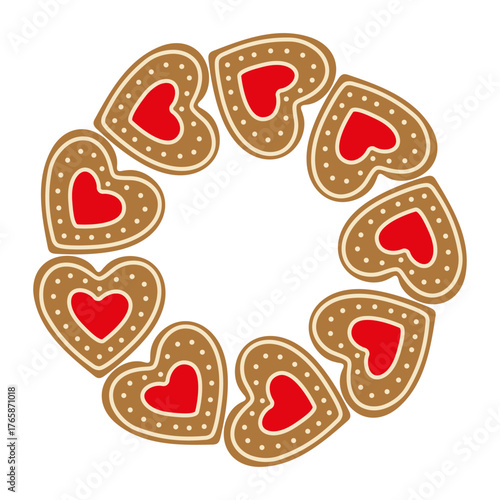 Decorative gingerbread cookies shaped like hearts arranged in a circle perfect for festive celebrations