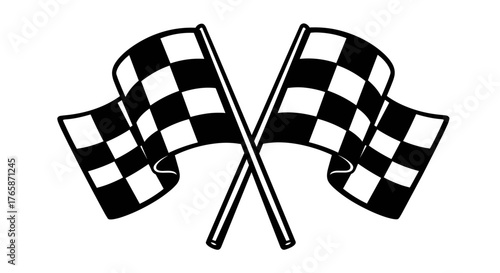 Crossed checkered racing flags in black and white design  