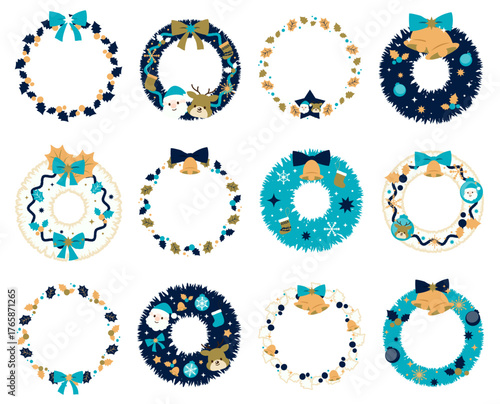 クリスマスリース　イラストセット　ブルー