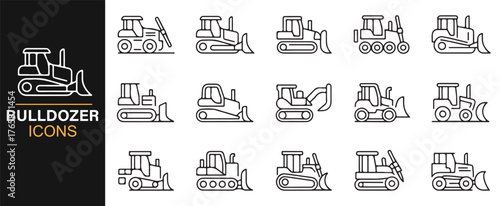 Engineering and machinery icon pack featuring bulldozer and earthmovers.