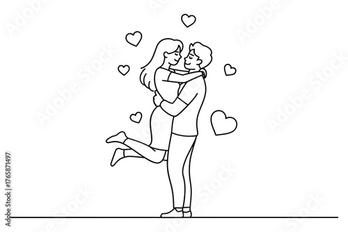 Couple embracing with hearts floating around them
