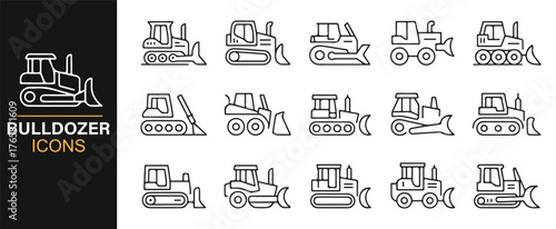 Bulldozer icon collection for construction, machinery, and engineering design.