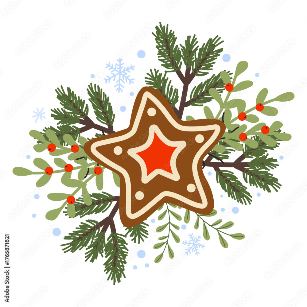 Obraz premium Festive gingerbread star surrounded by winter greenery and snowflakes for the holiday season