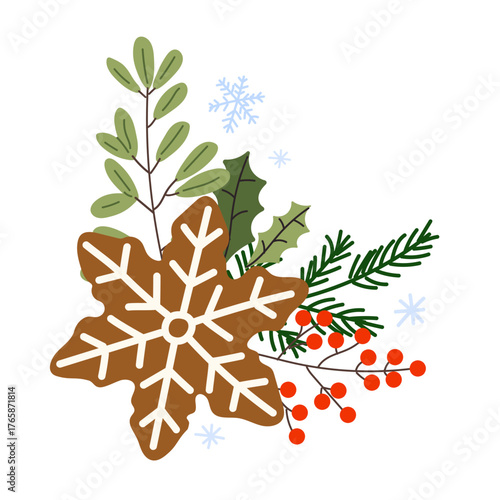Festive gingerbread snowflake surrounded by winter greenery and berries for holiday decoration