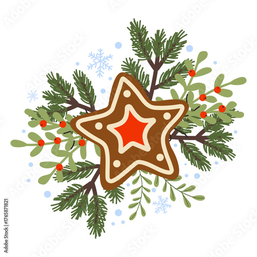 Festive gingerbread star surrounded by winter greenery and snowflakes for the holiday season