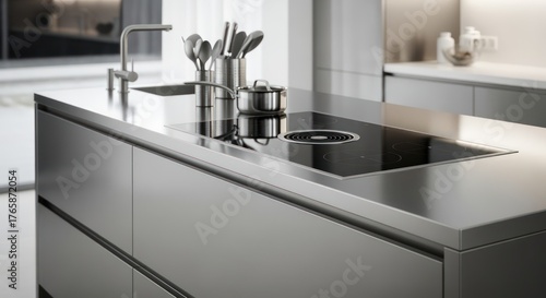 Fototapeta Naklejka Na Ścianę i Meble -  Sleek modern kitchen island with induction cooktop and contemporary faucet, perfect for luxury home design inspiration