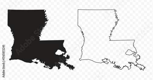 Black silhouette and outline maps of the state of Louisiana, USA