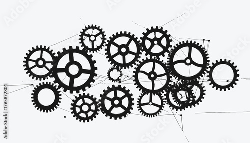 A collection of black gear cogs on a white background, some connected by lines, creating a mechanical theme