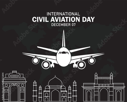 Vector illustration of civil airplane with blue sky and white clouds as background, as a banner or poster on international civil aviation day.