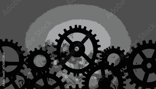 Black gears of various sizes are arranged with a gray background and a gradient-like semicircle