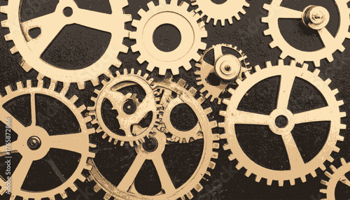 A close-up view of mechanical gears in gold color, with different sizes overlapping on a dark background