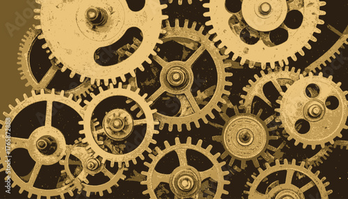 Close-up of various sized mechanical gears in a sepia-toned hue, overlapping each other