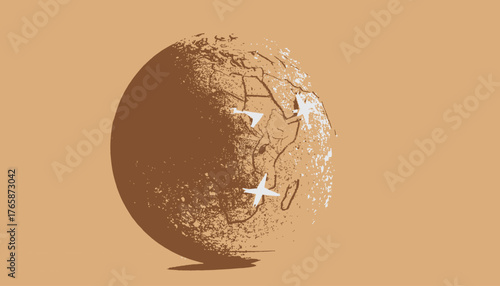 Abstract representation of a globe with three planes flying over it, in a brown and beige color palette