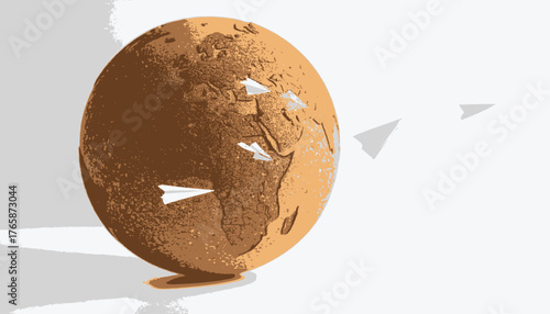 A stylized world map with paper airplanes flying away. Textured brown globe with white background