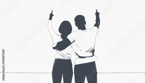 Silhouetted couple embracing, arms raised, pointing upwards. A visual of togetherness