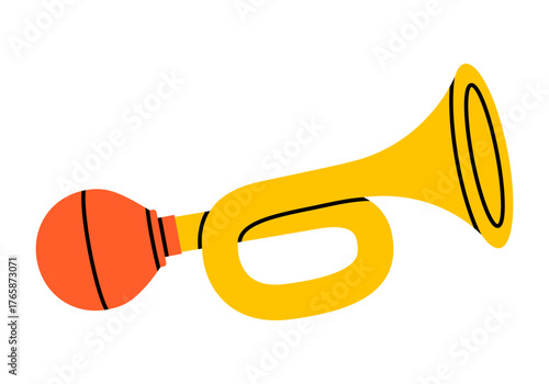 Hand drawn cute illustration of horn with bulb. Flat vector attention loud honk doodle. Warning vintage vehicle signal icon. Alert noise. Announce message sound. Isolated.
