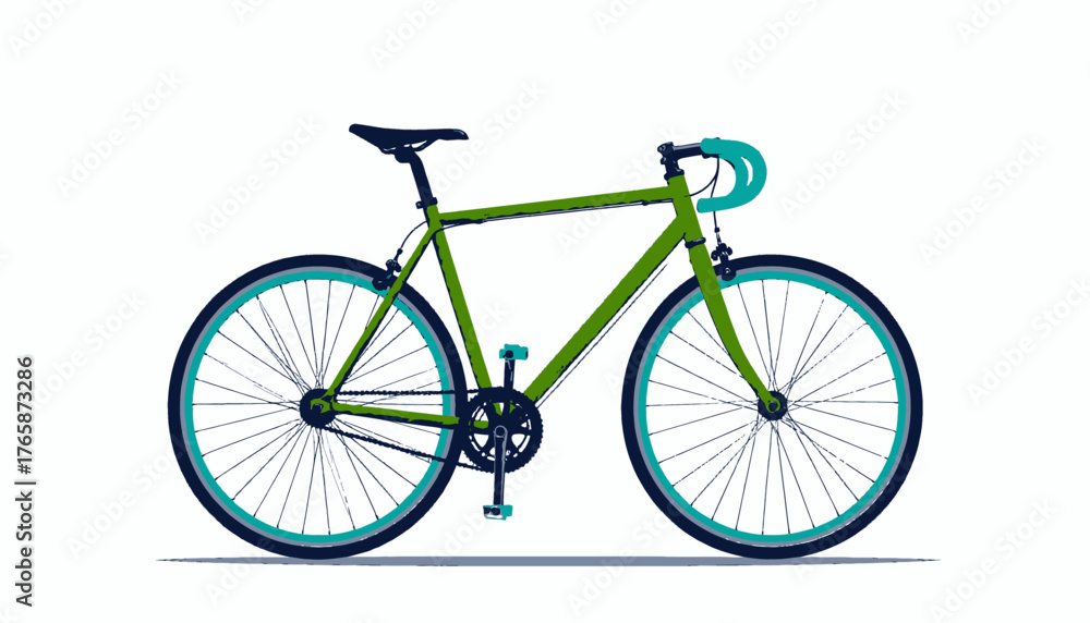 Fototapeta premium A flat-colored illustration of a bicycle with a green frame and blue-green accent details