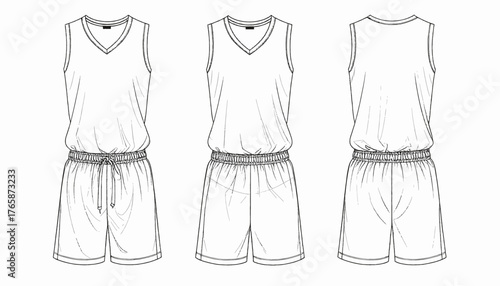 Line drawing of a sleeveless jumpsuit, featuring a v-neck top and elasticated waist shorts in three views