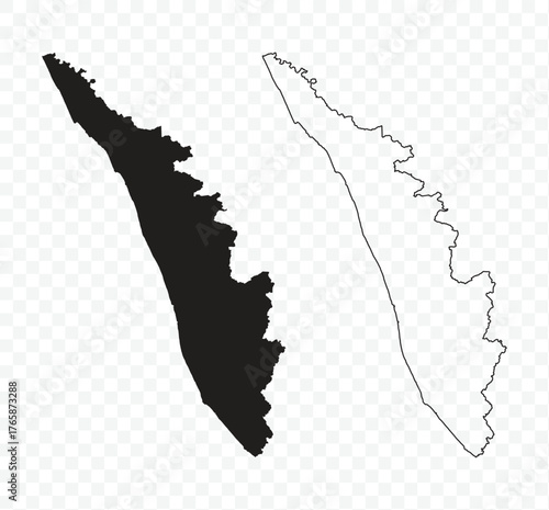 Black silhouette and outline maps of the Indian state of Kerala
