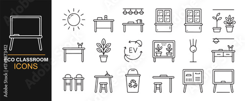 Green school icons promoting sustainability and zero waste classrooms.