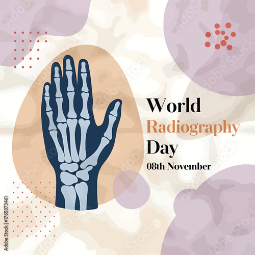 Vector art of world radiography day abstract art featuring a stylized xray of a hand, symbolizing medical imaging, anatomy, and the importance of radiology