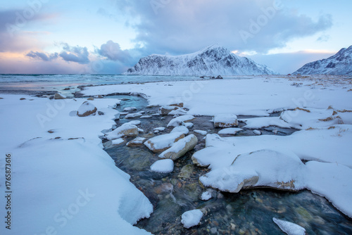 Winter Lofoten and a Stream on the Beach