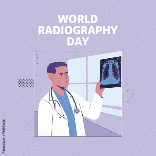 Vector art of doctor examining an xray of a chest on a light box, celebrating world radiography day with a focus on medical diagnostics and professional expertise