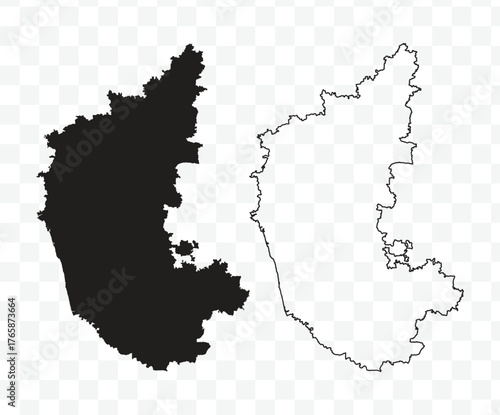 Black silhouette and outline maps of the Indian state of Karnataka