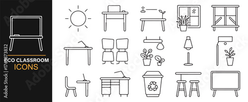 Eco classroom icon collection showing sustainable school and learning design.