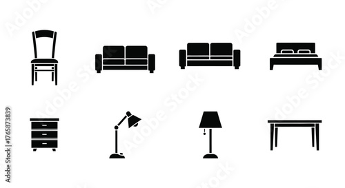 Black silhouette icons representing common household furniture and interior items