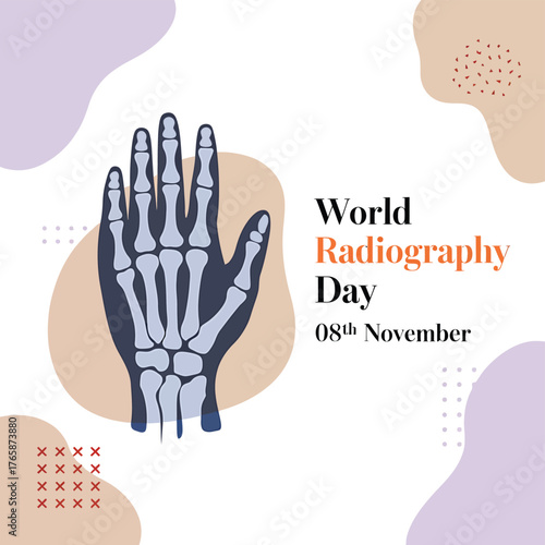 Vector art of world radiography day graphic featuring a stylized skeleton hand and abstract shapes, commemorating medical imaging and its importance