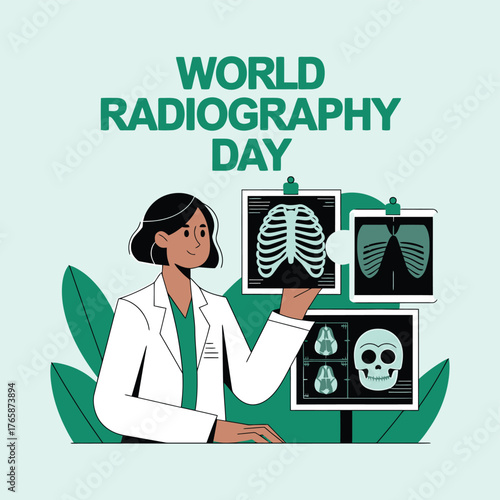Vector art of world radiography day illustration with a female doctor examining xray images of ribs, lungs, and skull, highlighting medical diagnostics