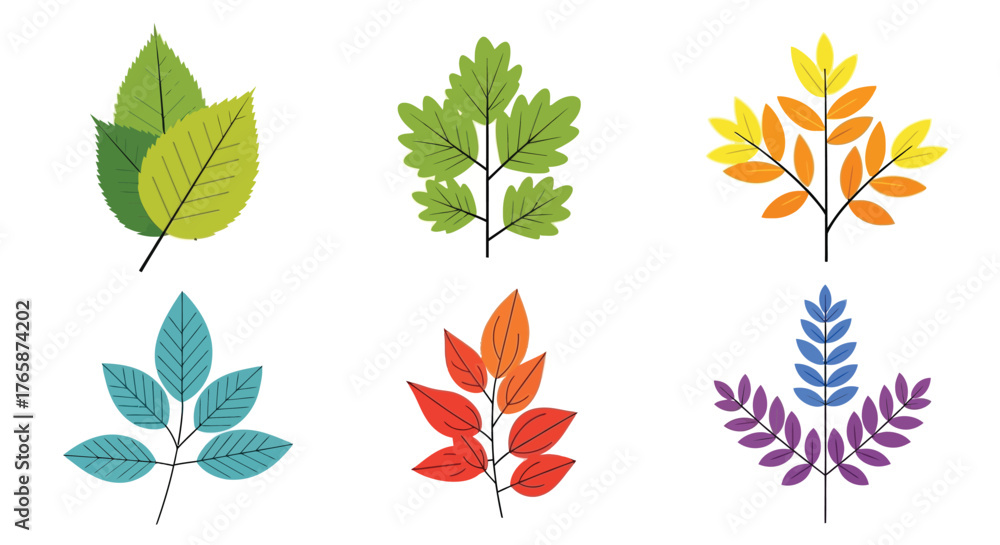 Fototapeta premium Colorful collection of various stylized leaf shapes and vibrant autumn hues