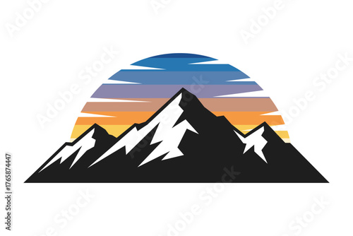 Stylized mountain peak icon with a vibrant striped sunset or sunrise background. Modern vector emblem for outdoor adventure, hiking, or travel
