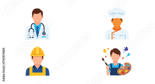 Diverse professions illustrated doctor chef construction worker and artist icons