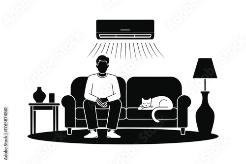 Man and cat relaxing under air conditioning in a living room