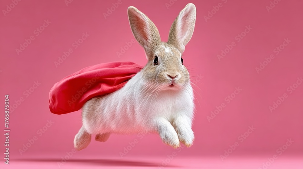 Fototapeta premium Rabbit wearing a vibrant red cape is soaring through the air against a soft pink background, capturing a whimsical and playful moment of imagination and adventure in a delightful scene